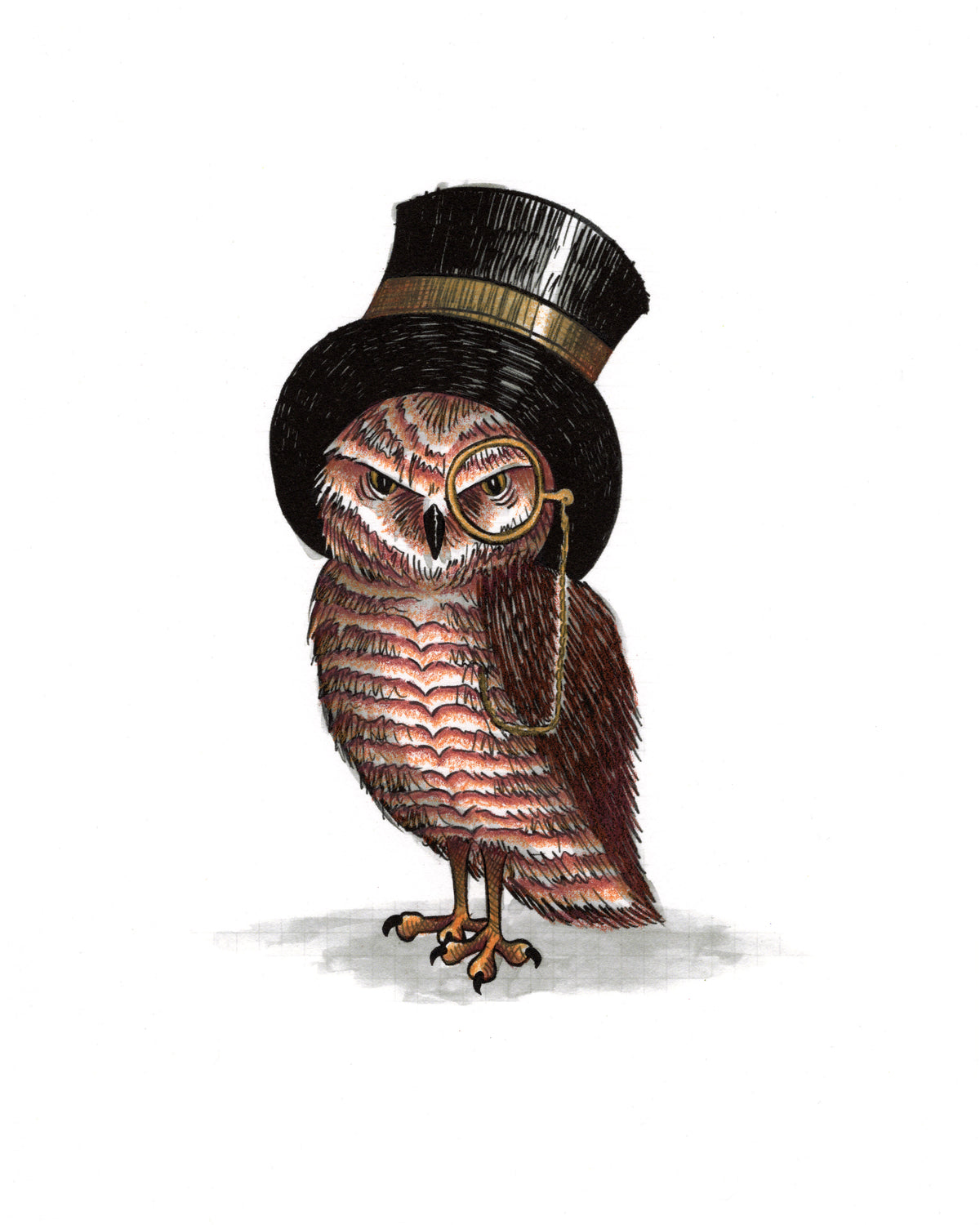 Dapper Owl Hand Colored Print