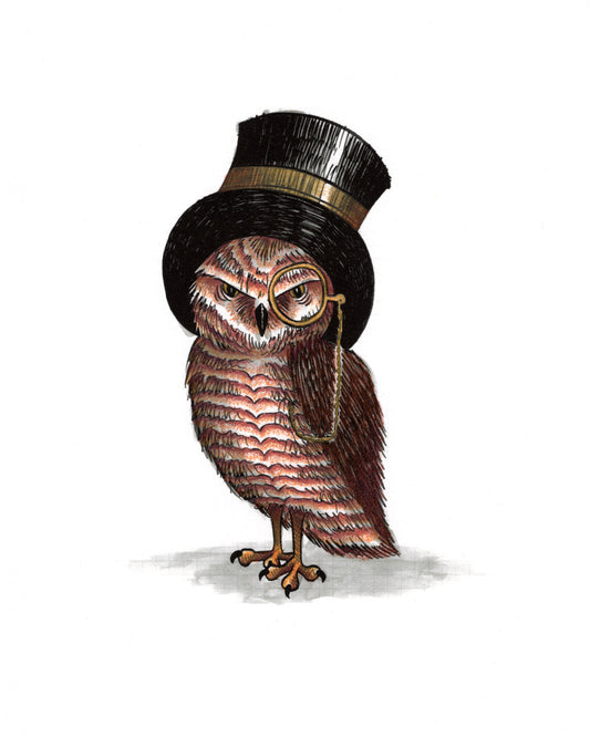 Dapper Owl Hand Colored Print