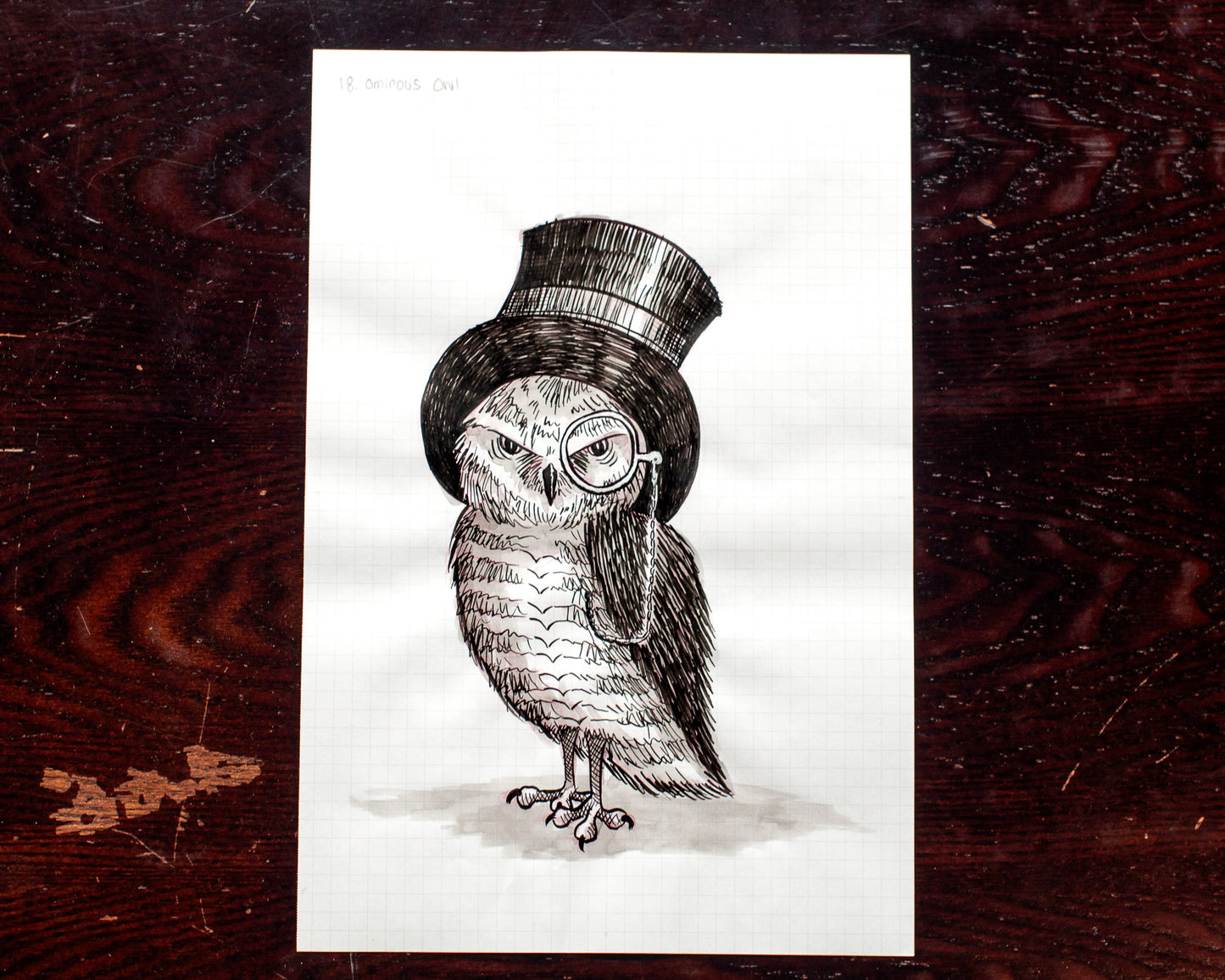 Dapper Owl Black and White Original Sketch