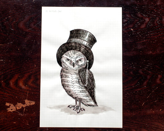 Dapper Owl Black and White Original Sketch