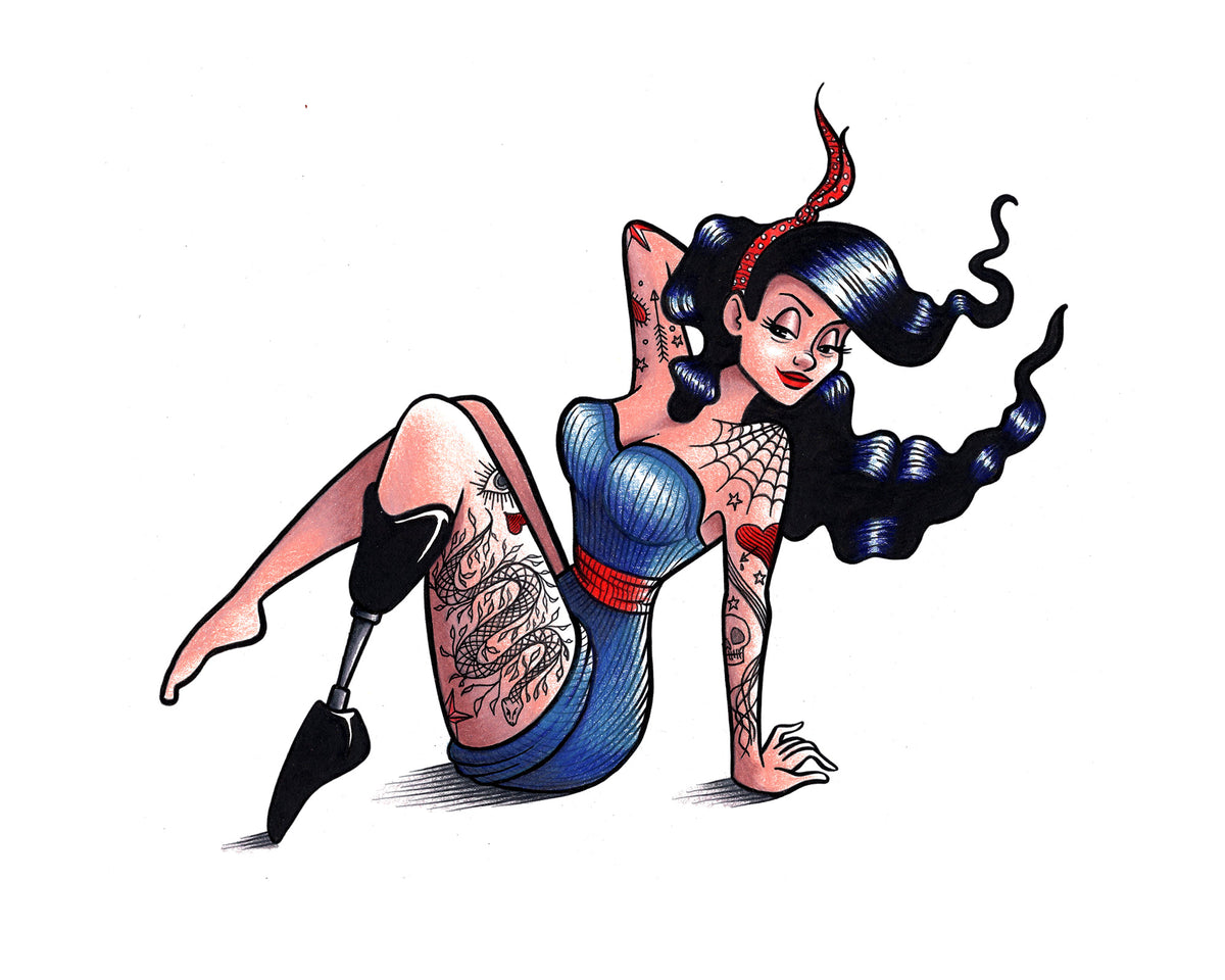 Amputee Pinup Hand Colored Print