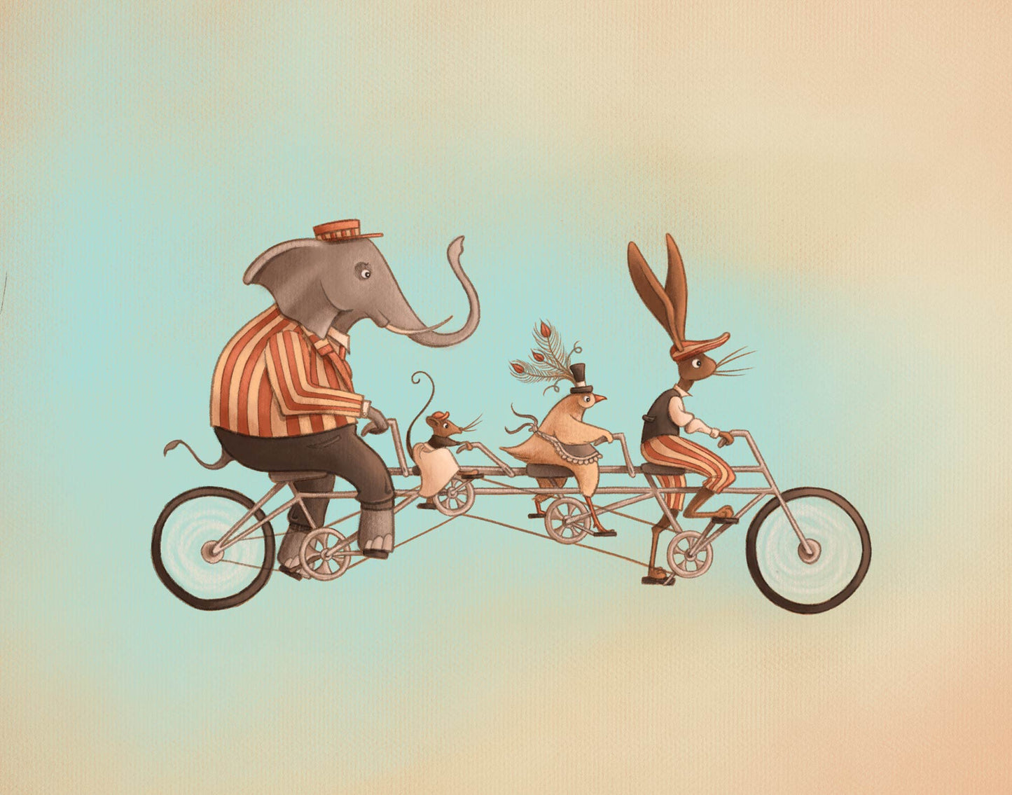 Tandem Print - Full Image with an elephant, a mouse, a chicken, and a rabbit wearing old fashioned clothing and riding a tandem bicycle.